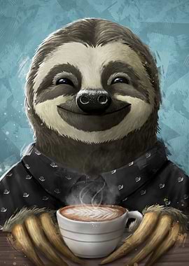 Sloth smilling coffee late
